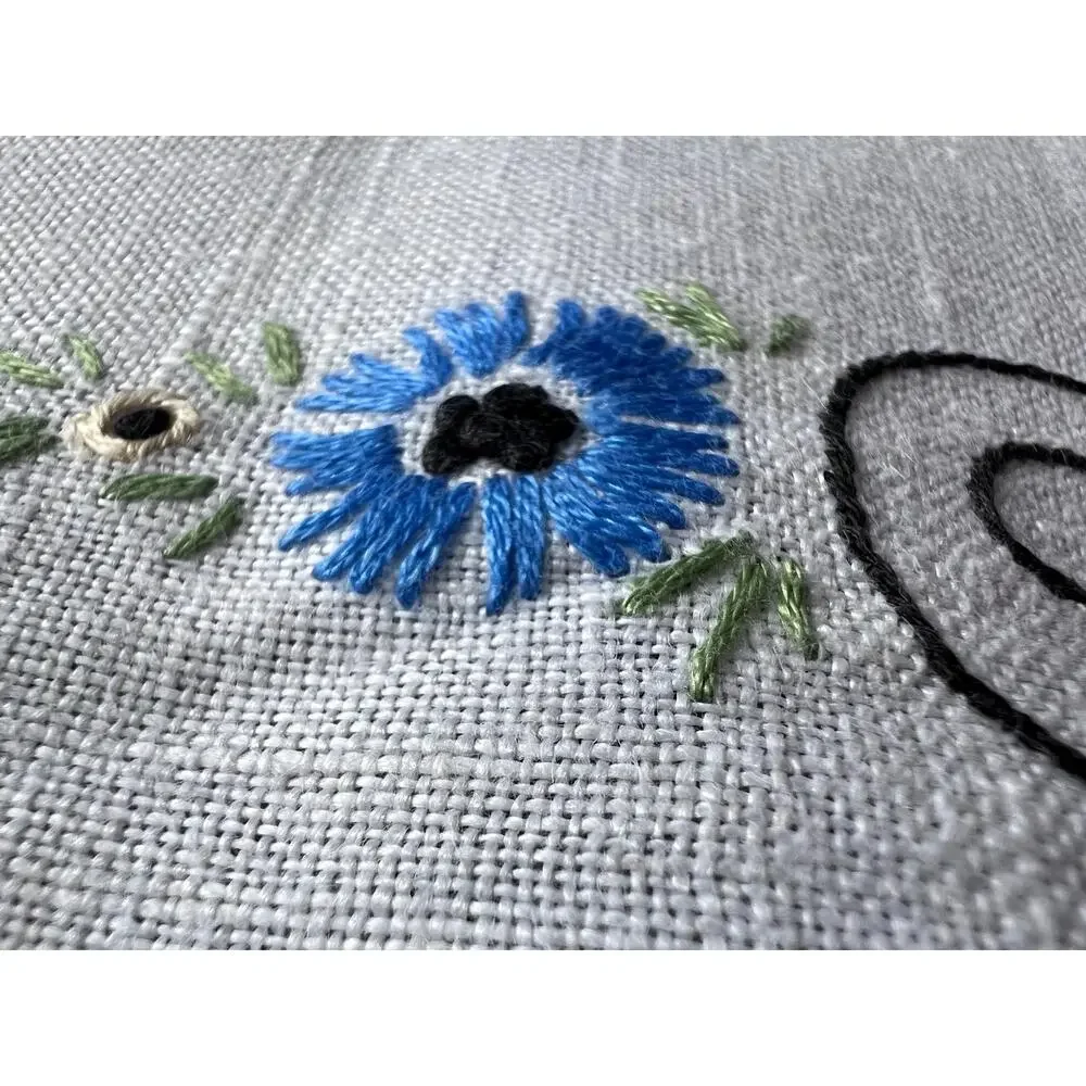 Vintage Hand Embroidered Linen Table Runner, Floral Cottagecore Linen